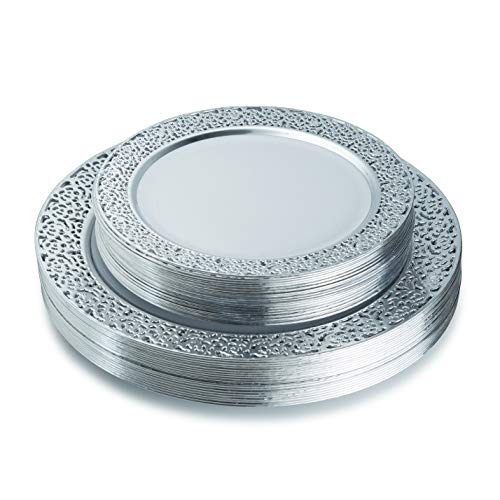 Posh Setting Lace Collection Combo Pack China Like White and Silver Lace Rim Plastic Plates (Includes 20 10.25'' Dinner Plates and 20 7.25'' Salad Plates) Elegant Disposable Dinnerware Posh Setting Lace Collection Combo Pack China Like White and Silver Lace Rim Plastic Plates (Includes 20 10.25'' Dinner Plates and 20 7.25'' Salad Plates) Elegant Disposable Dinnerware