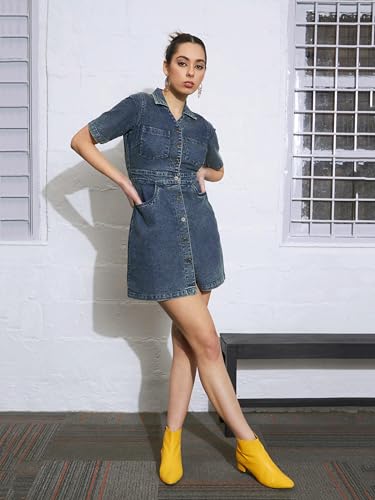 Image of Sassafras Women's Mini Short Sleeves Blast Denim Front Button - Casual Streetwear Denim Dress