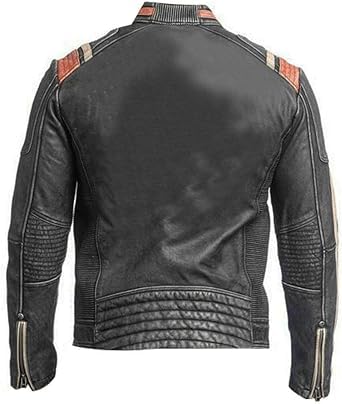 Image of Men's Leather Jacket Cafe Racer Biker Style Retro Stripes Jacket, Motorcycle Racing Leather Jacket (US, Alpha, 3X-Large, Regular, Regular, S6) Distressed Retro 3 Jacket