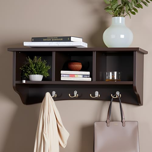Image of Shaker Cottage Wall-Mounted Coat Rack with 3 Storage Cubbies and Hooks - Hanging Wall Organizer for Entryway, Mudroom, or Hallway, Space-Saving Wall Shelf, 36 inch W x 9 inch D x 14 inch H (Chocolate Finish)