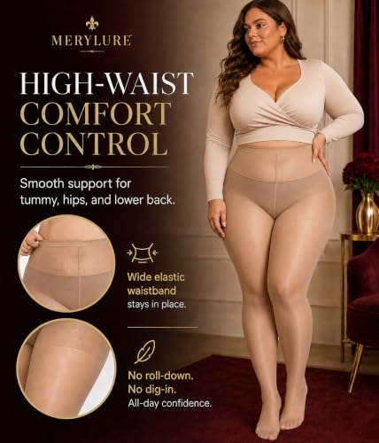 Image of MERYLURE Plus Size Sheer Tights for Women,20D Control Top Pantyhose Reinforced Toes High Waist Stockings 3 Pairs 1XL-6XL