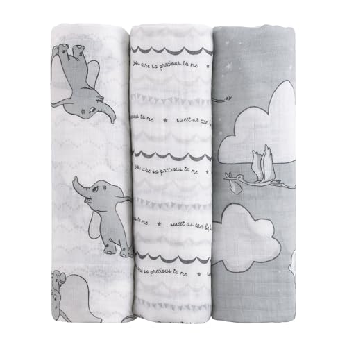 Image of Disney Dumbo Gray and White 3 Piece Muslin Swaddle Baby Blanket Set