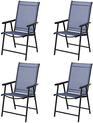VINGLI Upgraded Version Set of 4 Folding Chairs with Arms, Portable Patio Chairs for Outdoor & Indoor, Sling Back Chairs for Lawn, Pool, Courtyard, Balcony & Garden (Blue)