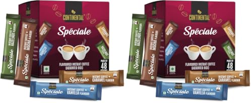 Image of Continental Speciale Assorted Coffee Sachets - 96gm | Pack of 96 | Flavour Instant Coffee Powder | 2g Each - Hazelnut, Vanilla, Mocha, Caramel | Makes 48 Cups | Enjoy Hot or Cold