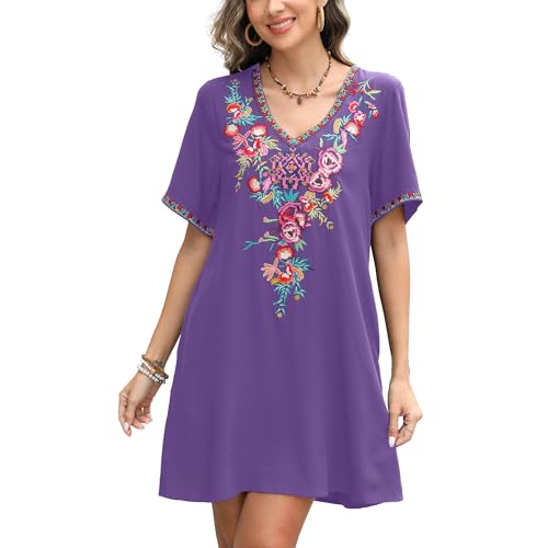 Image of Grosy Fiesta Embroidered Mexican Dress for Women Beach Vacation Plus Size Short Sleeve Summer Boho Dresses with Pocket