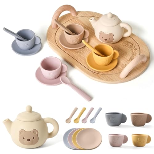 Service thé éducatif silicone tout-petits 3-5 ans avec tasses et cuillère de service