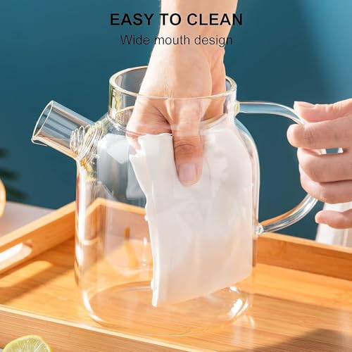 Image of Borosilicate Glass 1.8 LTR Water Jug with Handle, Juice Beverage Carafe with Bamboo Lid, Big Glass Iced Tea Pitcher, 1 Pcs Set (Borosilicate 1.8 Liter Kettle)