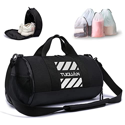 TUGUAN Swim Gym Bag Workout Bag with Dry Wet Separated Shoe Compartment Thick Durable Totes Gym Duffle Bag Training Handbag Small Sports Duffle Bags for Men&Women (Black)