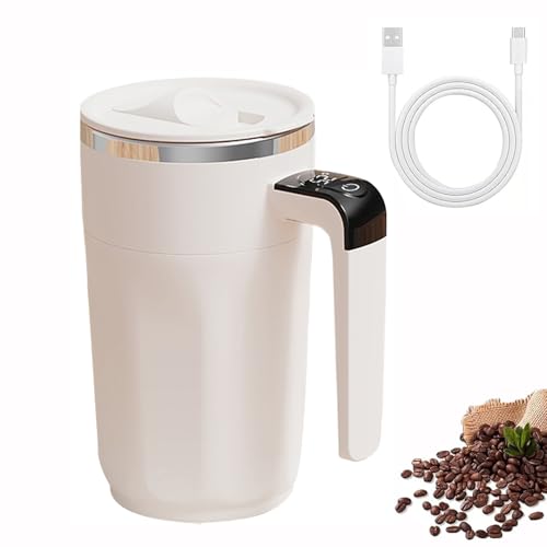 OPSLEA Self Stirring Mug, Rechargeable Magnetic Automatic Mixing Cup with LCD Thermometer for Coffee Tea Hot Chocolate (White)