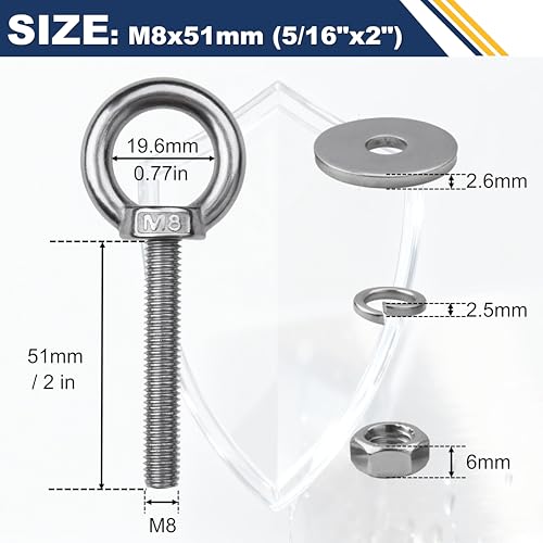Image of 12 Pack M8 Stainless Steel Eye Bolts with Nuts,5 /16 inch x 2 inch Eye Bolts | 304 Stainless Steel Eye Bolt,Eye Bolts Heavy Duty for Hang Tie Down Outdoor,m8 eye bolt,Long Lifting Ring Eye Bolt