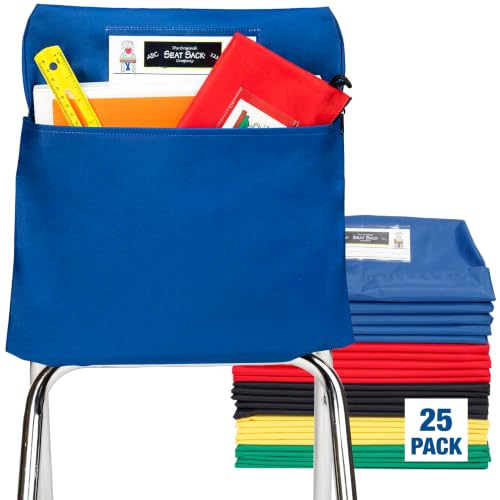 Image of Seat Sack Student Chair Storage Pocket - 12 inch, Single Pocket, Classroom Chair Organizer for Student Desks, Durable Over-the-Chair Storage, Multi Color, 25-Pack
