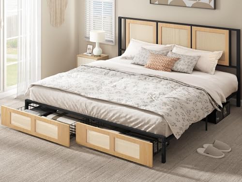YITAHOME Natural Rattan Bed Frame King Size with Headboard and 2 Storage Drawers Underneath, Boho Cane Bed Platform Bed with Metal Slat, Noise Free, No Box Spring Needed