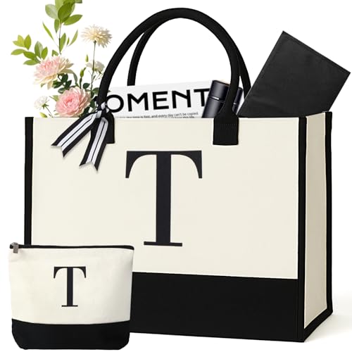 GENGBIN Personalized Canvas Tote Bag, Monogrammed Gift with Zipper Pouch for Women (T - with Cardboard Insert)