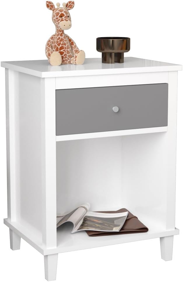 26.77''H Wooden Nightstand with One Drawer One Shelf for Kids, Adults,Gray+Silver Handle (Gray)