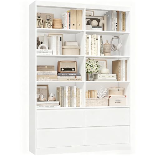 FirFurd 180cm Estantería con 4 Cajones, Estantería Libros, Librería, Estante, Mueble Almacenaje, para Oficina, Salón, Estudio, Comedor, Grande y Alta, 8 Compartimentos, Blanco, 120x30x180cm