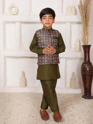 Image of Pro-Ethic Style Developer Kids Kurta Set For Boys With Waist Coat, Ethnic Wear for Diwali, Eid, Raksha Bandhan, Jacquard, Floral Print (Pack of 1)