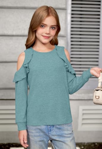 Girls Fall Cold Shoulder Knit Shirts | Long Ruffle Sleeve Crew Neck Casual Cozy Pullover Top, 6–14 Years4