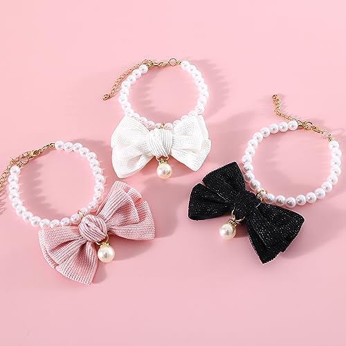 Miniatura 1 de Paquete de 3 collares de perlas para perro, joyas de perlas elegantes con lazos grandes, lindo collar de boda, accesorios de disfraz para perros