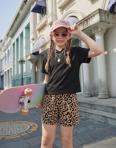 Image of Girls Summer Outfits Kids Hooded-Shirts and Elastic Waist Shorts Sets | short sleeve drop shoulder hooded shirt and shorts with two pockets tie dye leopard letter