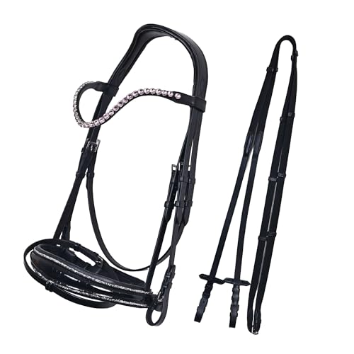 FLUFFYCUD Western Leather Bitless Snaffle Bridle for Horses, English Jumping Bridle with Crystal Browband, Removable Noseband & Rubber Reins Adjustable Padded Headstall (Pink Jadkan Black- Full)