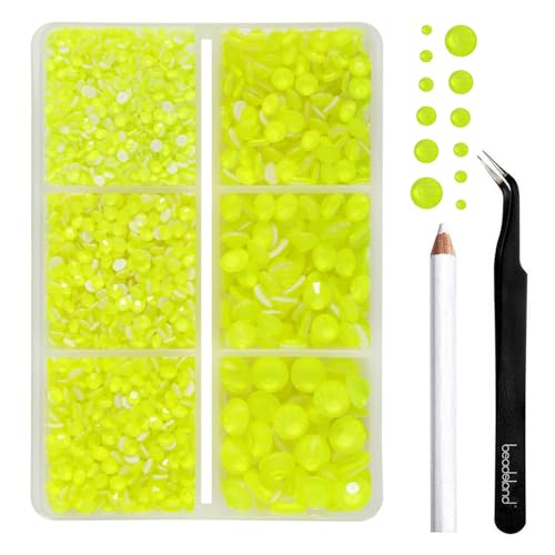 Image of BEADSLAND Hotfix Rhinestones, 4000 PCS Rhinestones for Clothes Crafts Mixed 6 Sizes with Wax Pencil and Tweezers Kit, SS6-SS30, Neon Yellow
