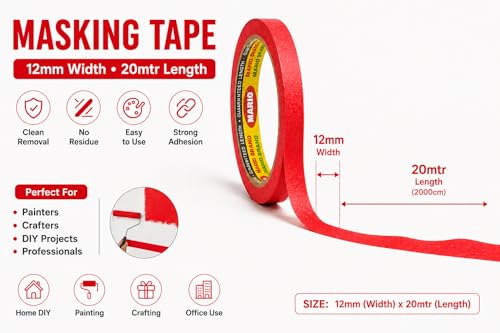 Image of Mario Red Masking Tape - 20 Meter Length, 12mm Width - High Adhesion Tape for Wall Painting, Furniture, Labelling & DIY Projects - Easy Tear, No Residue - Pack of 2 Rolls