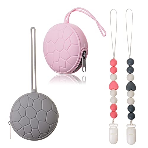 YAROMO 4 Pieces Silicone Pacifier Bag with Pacifier Clips, Pacifier Holder Case Pouch Pacifier Storage Container for Keeping Pacifier Clean and Sanitary (Pink, Grey)
