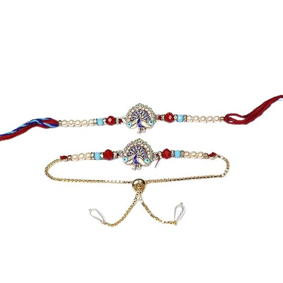 Image of Oblivion Rakhi Set for Brother and Bhabhi - Peacock with Feather Gift for Bhai & Lumba for Bhabhi with Silver Colour Coin and Greeting Card - Raksha Bandhan Combo