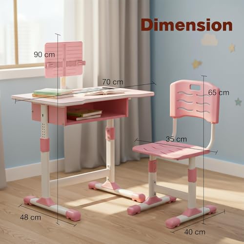 Image of BAYBEE Study Table for Kids 5-12 Years Boys Girls | Ergonomic Desk Table with Chair, Height Adjustable, Book Holder, Storage Drawer & Footrest | Perfect for Reading, Writing & Studying (Premium Pink)