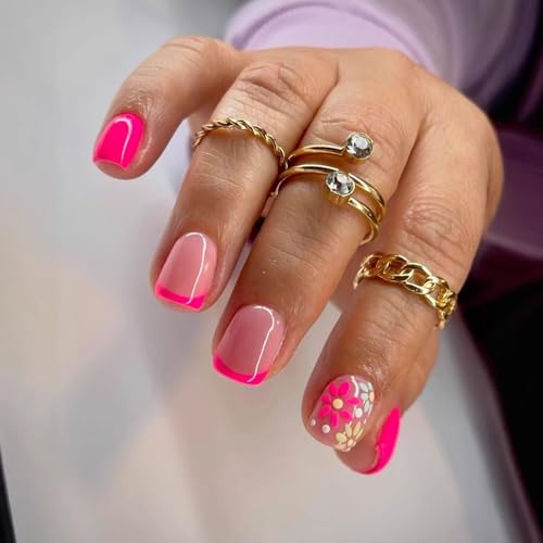 Floral Medium Square Press on Nails Nude Base Neon Pink