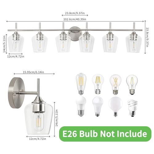 Image of foucasal Vanity Light for Bathroom, 6-Light Brushed Nickel Modern Bathroom Vanity Lighting Over Mirror with Clear Wine Glass Shade Wall Lamp for Bedroom Hallway Living Room