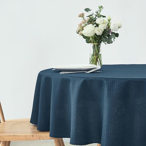 Image of maxmill Round Weaved Texture Design Tablecloth Spill-Proof Wrinkle Free Soft Washable Table Cloth for Circular Table Cover, for Dining Room Buffet Banquet Parties Holiday Dinner, 70 Inch Navy Blue