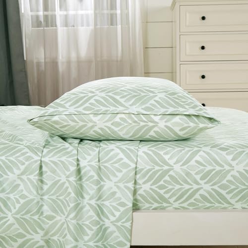 Chezmoi Collection Medina 4-Piece Tranquil Leaf Bed Sheet Set - Soft Green White Leaves Printed Microfiber 14-Inches Deep Pocket Sheets & Pillowcases Set, King