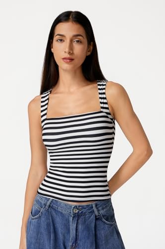 Image of QINSEN Women's Square Neck Sleeveless Double-Layer Tank Tops Basic Tight T Shirts