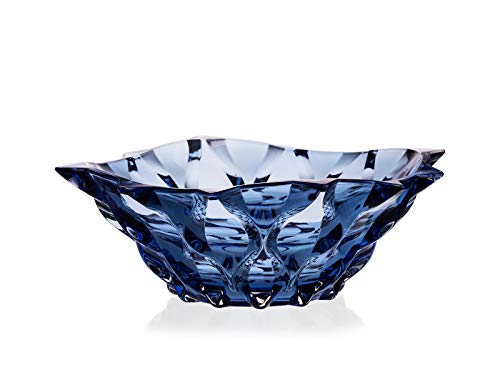 Czech Bohemian Crystal Glass Bowl 12''-Dia Blue ''Samba'' Vintage European Design Elegant Centerpiece Dish Fruits Desserts Flowers Home Decor Wedding Birthday Housewarming Anniversary