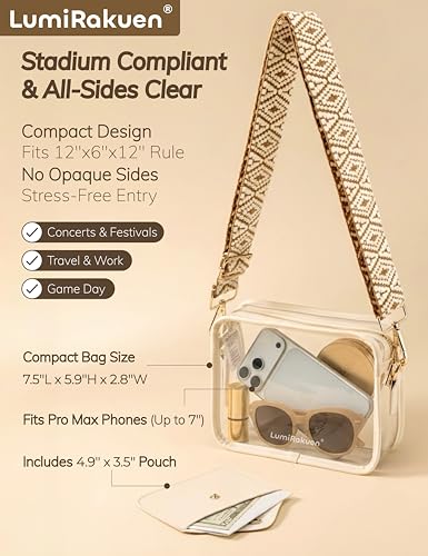 Image of Clear Crossbody Purse Stadium Approved, 3-in-1 Small Bag with Guitar Strap & Pouch, Fits 12x6x12 Policy Concerts