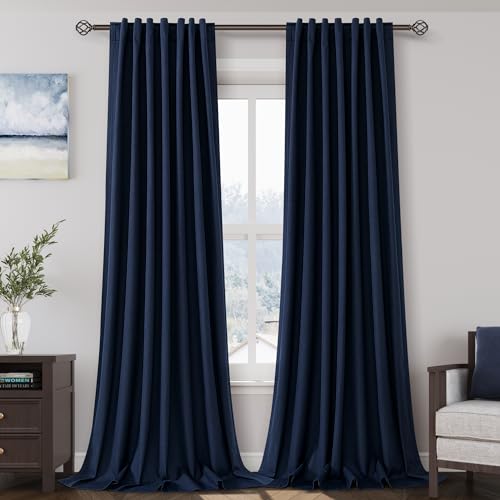 Image of Nanspring Navy Blue 100% Blackout Linen Curtains 96 Inches Long for Bedroom Back Tab Thermal Insulated Modern Luxury Nautical Decor Black Out Curtain for Living Room Dining RoomDrapes 52x96, 2 Panels