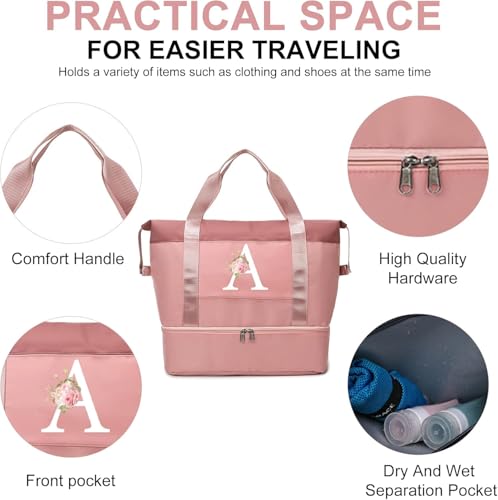 Initial Travel Duffel Bag for Women, Personalized Weekender Bag with Shoe Compartment, Gym Duffel Bag with Wet Pocket Carry on Overnight Bag, Birthday Gifts for Women, Pink (Letter R)4