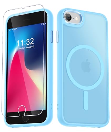Image of for iPhone SE Case 2022(3rd) /2020(2nd), iPhone 8 /7 Case, Light Blue | Fit for Magsafe, Screen Protector Included, Matte Magnetic Slim Phone Cover, Shockproof Protection Translucent Frosted Back
