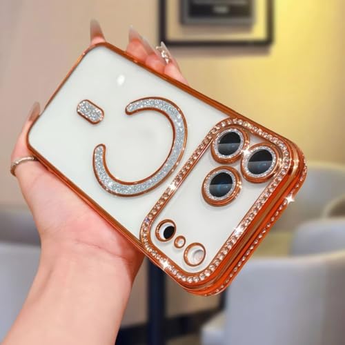 Image of for iPhone 17 Pro Max Magnetic Glitter Case,Luxury Bling Rhinestone Diamond Plated Bumper Case Sparkle Camera Lens Protection Clear Cover for iPhone 17 Pro Max (Orange)