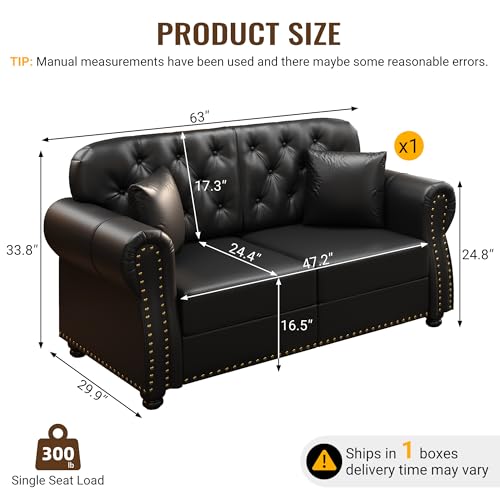 Image of KEIKI 63 inch Faux Leather Chesterfield Sofa with Rolled Arms & Nailhead Trim, Modern Style 2-Seater Button Tufted Couch with High Resilience Cushion & 2 Pillow, Easy Assembly, for Living Room, Black