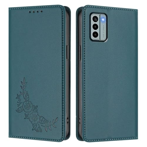 Étui en cuir pour Nokia HMD Fusion vert foncé avec motif fleurs latérales chic