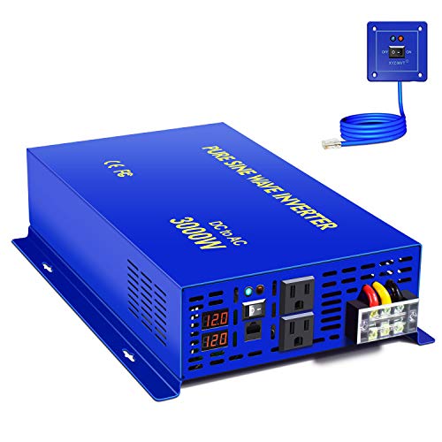 XYZ INVT 3000W Pure Sine Wave Power Inverter - 12V DC to AC 120V 110V with 15ft Cable Remote Switch Controller, Surge Power 6000w, Power Converter for Off Grid Solar Power System. (3000W 12V/15ft RC)