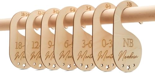 Baby Closet Dividers, Set of 7 Baby Clothes Organizer, Double Sided Wooden Baby Closet Organizer for Nursery, Size Newborn to Toddler, Baby Clothes Dividers for Closet Hanging on Standard Rod