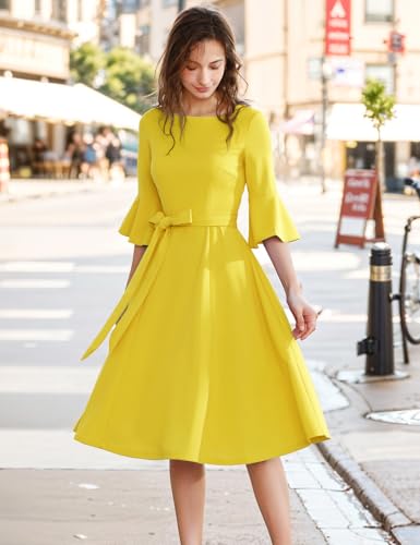 Image of HomRain Women's Church Dresses Modest Bell Sleeve Wedding Guest Cocktail Tea Party Vintage Evening Dress