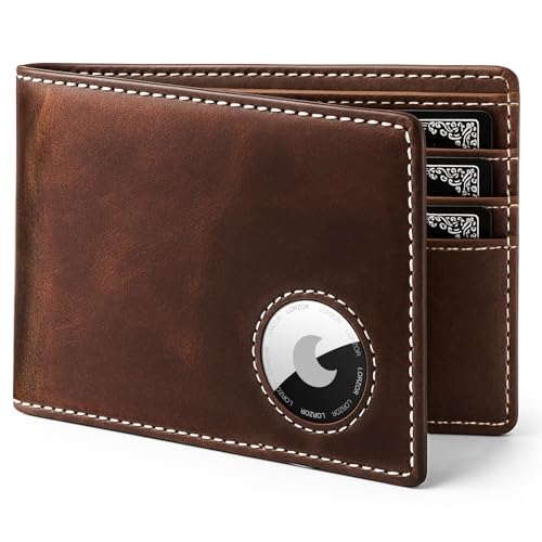 AirTag Wallet- Bifold Full Grain Leather AirTag Wallet for Men, Minimalist Front Pocket Wallet with Airtag Holder, RFID Blocking, 12 Card Capacity Gift for Men(DarkBrown)