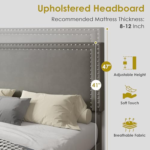 Image of VECELO Full Size Platform Bed Frame with Height Adjustable Upholstered Headboard, Modern Mattress Foundation,Strong Wood Slat Support, No Box Spring Needed, Easy Assembly,Dark Grey