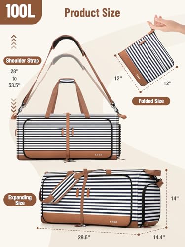 Image of Lekesky Foldable Travel Duffle Bag for Women, 100L Large Duffel Bag with Separate Shoes Compartments & Straps, Carry On Weekend Bag for Women, Hospital, Overnight (Blue Stripes)