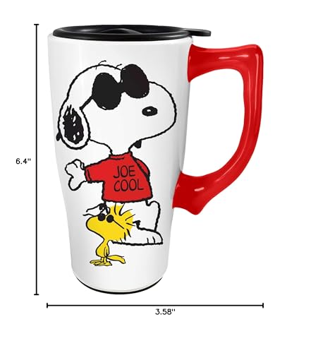 Image of Spoontiques - Ceramic Travel Coffee Mug with Lid and Handle - Spill Proof Lid - Double Walled Mug for Hot and Cold Beverages - Microwave and Dishwasher Safe - Snoopy