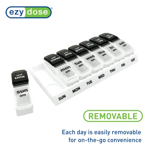 Image of EZY DOSE Weekly (7-Day) Daily AM /PM Pill Case, Medicine Planner, Vitamin Organizer, Supplement Container, Large Pop-Out Compartments, Designed for Travel 2 Times a Day, Black and White Lids